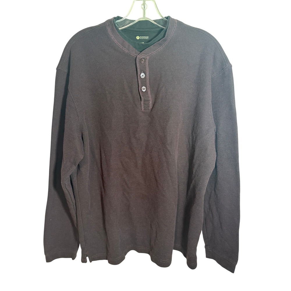 Haggar Clothing Mens Long Sleeve‎ Waffle Knit Henley Shirt Dark Brown Size Large